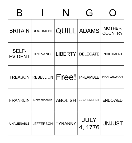 Declaration of Independence Bingo Card