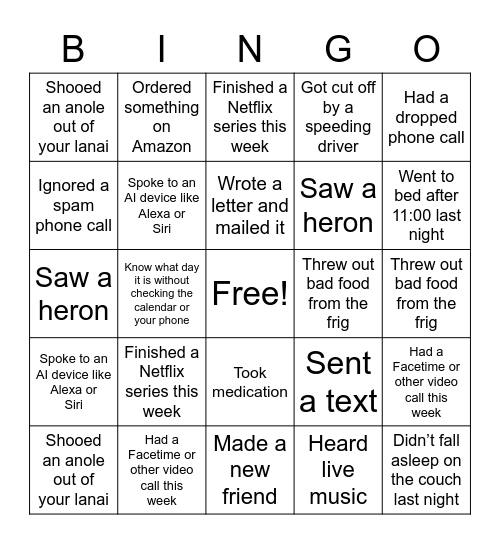 70th Birthday BINGO Card