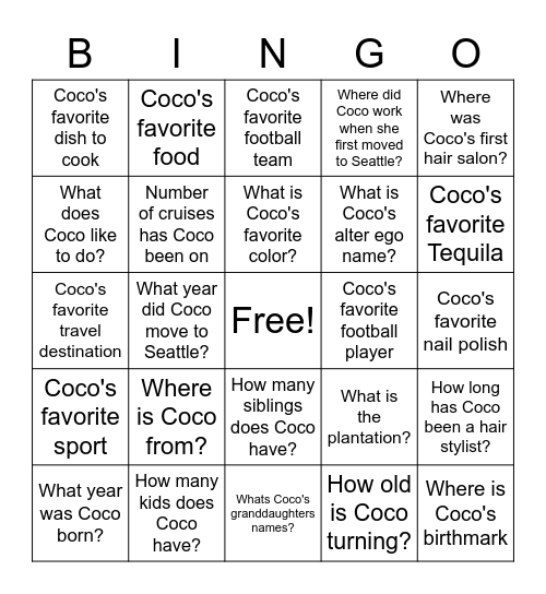 Coco's Birthday Bingo Card