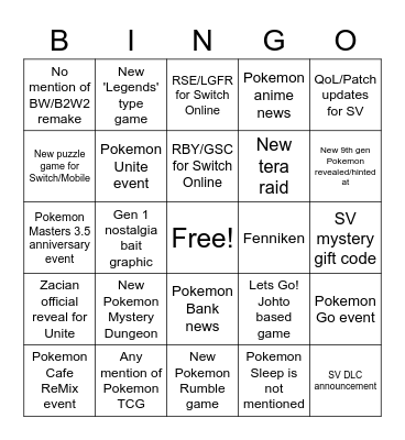 Pokemon Direct Bingo Card