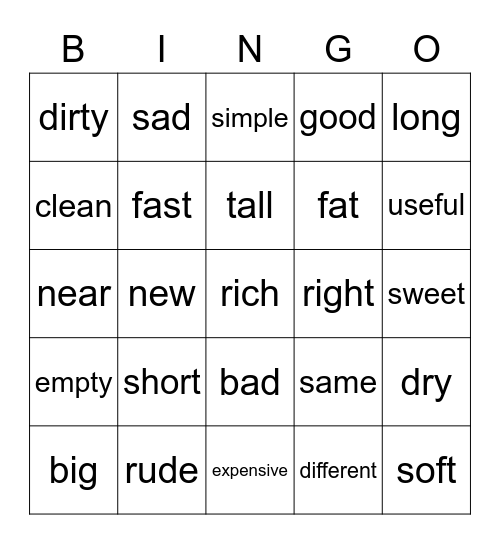 Adjective Bingo Card