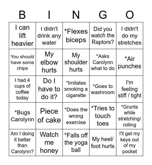 David's Workout Bingo Card