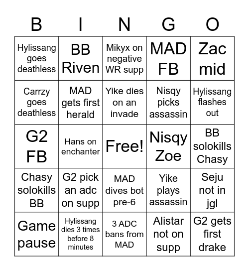 G2 vs MAD Game 3 Bingo Card Bingo Card