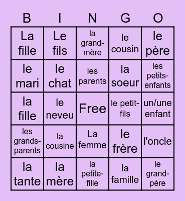 French Family Members Bingo Card