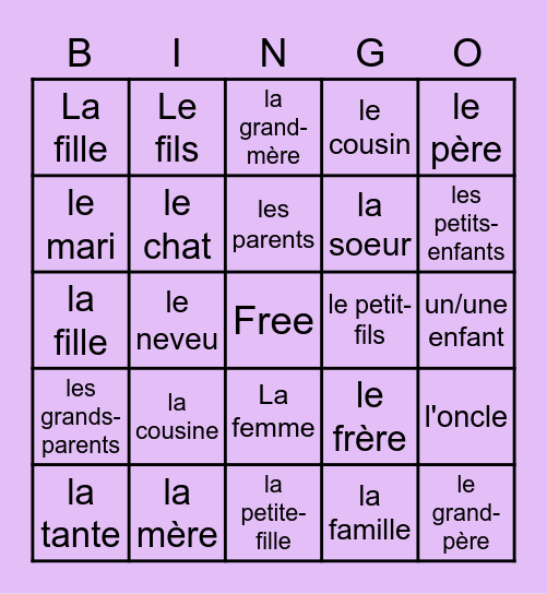 French Family Members Bingo Card