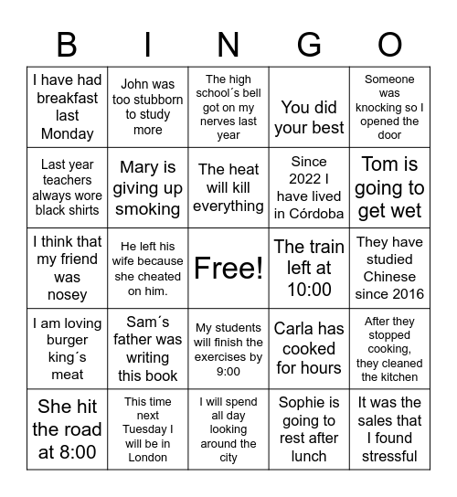 VERB TENSES Bingo Card