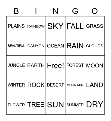 ASL NATURE SIGNS Bingo Card