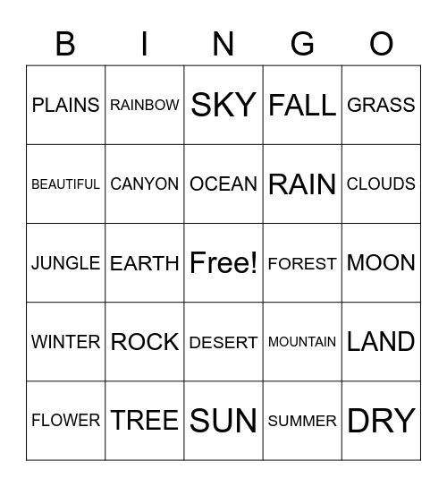 ASL NATURE SIGNS Bingo Card