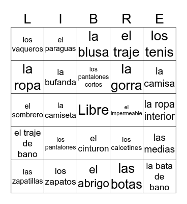 La Ropa Bingo Card