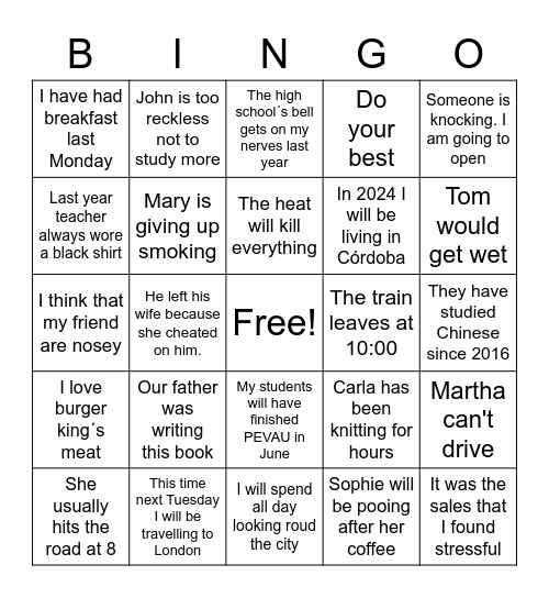 VERB TENSES Bingo Card