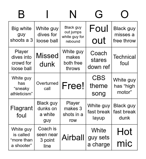 Racist Basketball Bingo Card