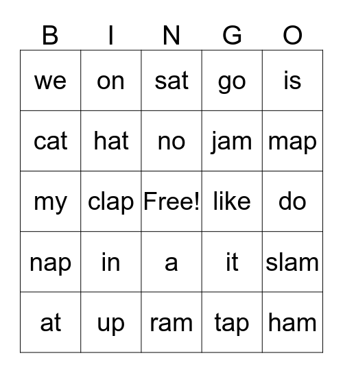 Kindergarten sight word Bingo Card