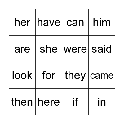 Sight Words Bingo Card