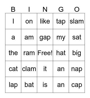 Kindergarten sight word Bingo Card
