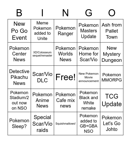 Pokemon Direct Bingo Card