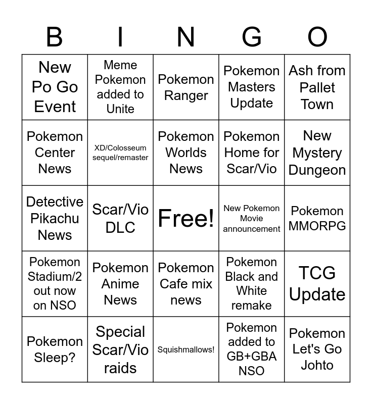 Pokemon Direct Bingo Card