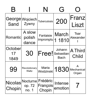 Chopin Bingo Card