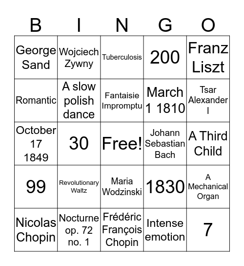 Chopin Bingo Card