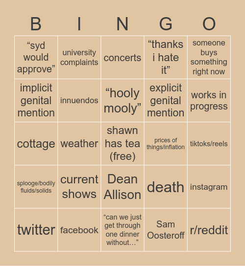 Sunday Dinner Bingo Card