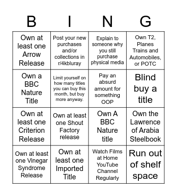 4k Blu-ray Collector Bingo Card