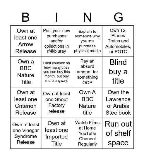 4k Blu-ray Collector Bingo Card