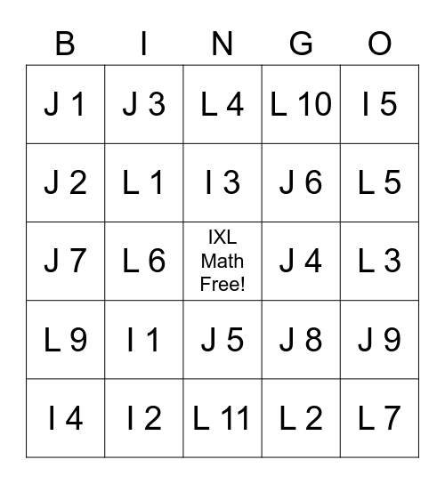 IXL Math Bingo Card