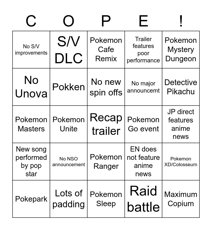 Pokemon Presents 2023 Bingo Card