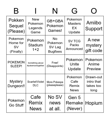 Pokemon Presents Hopium Bingo Card