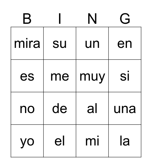 Sight Word Bingo Spanish Bingo Card