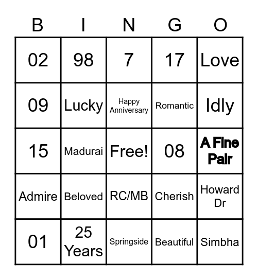 Anniversary Bingo Card