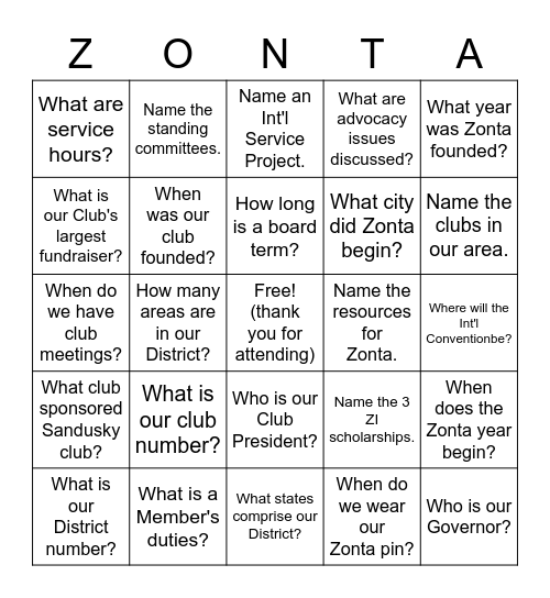 Learning about Zonta Bingo Card