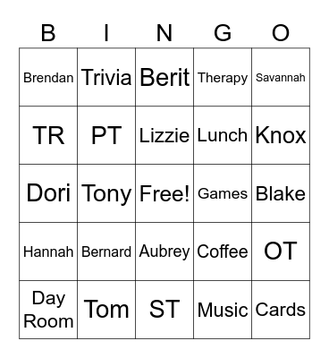 Day Room Bingo Card