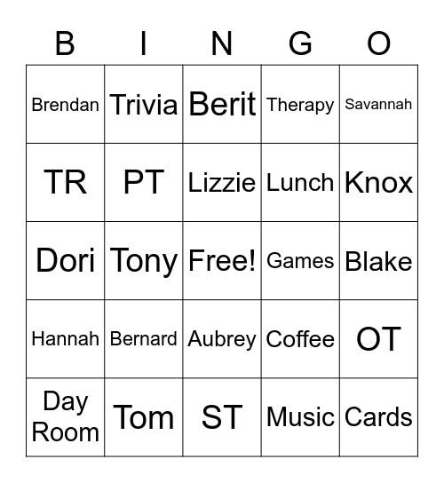 Day Room Bingo Card