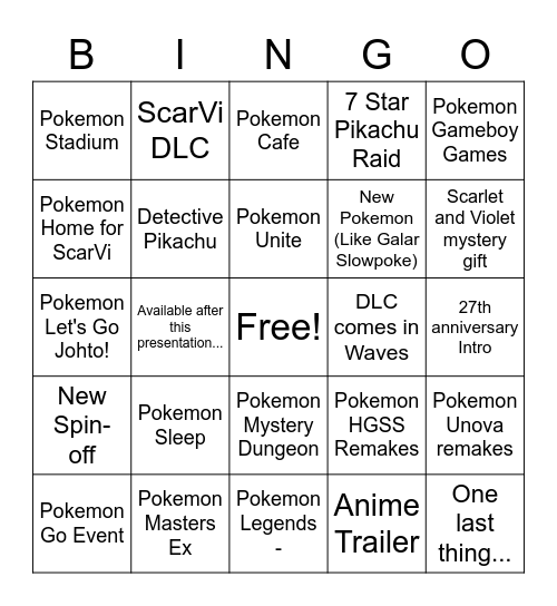 Pokemon Day Bingo Card