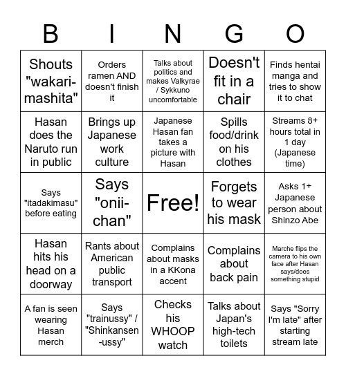 Hasan in Japan Bingo Card Bingo Card