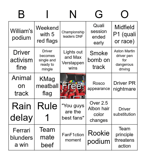 F1 2023 Season Bingo Card