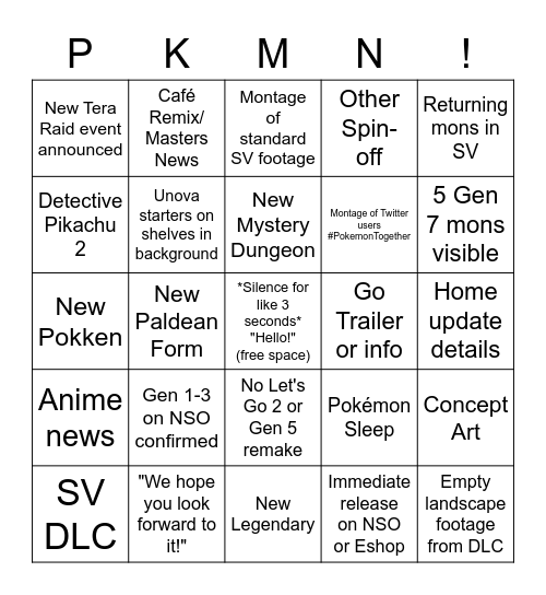 Pokémon Presents 2023 Bingo Card