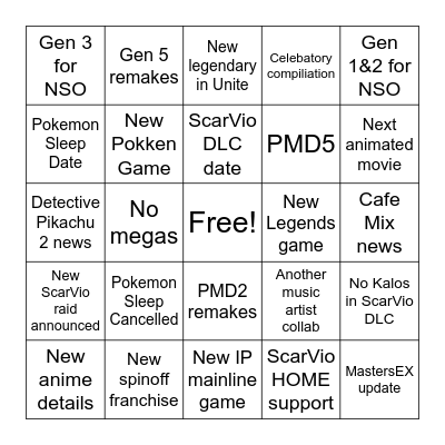 Pokemon Presents 2023 Bingo Card