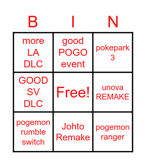 pogemon Bingo Card