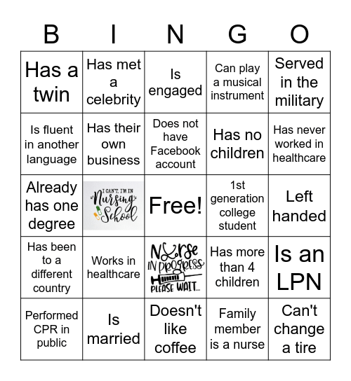 Nursing Student Bingo Card