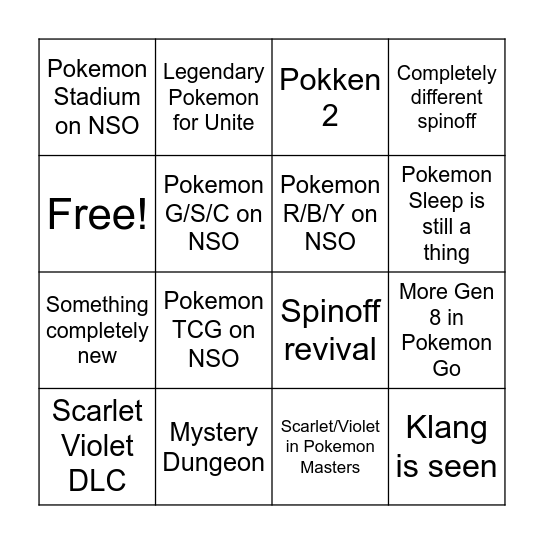 Pokemon Presents Bingo Card