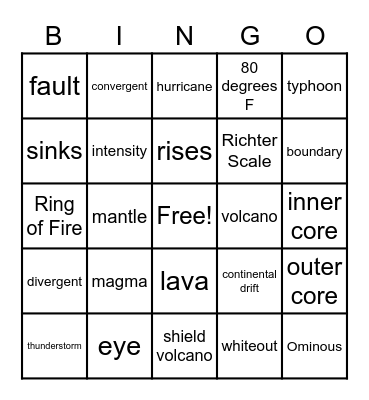 Natural Disasters Bingo Card
