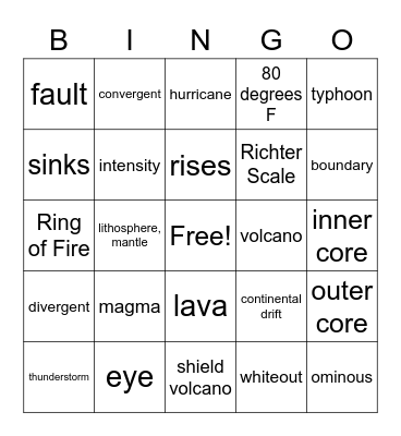 Natural Disasters Bingo Card