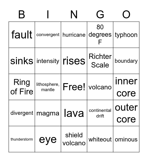 Natural Disasters Bingo Card