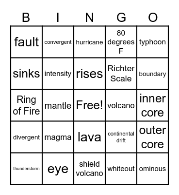 Natural Disasters Bingo Card