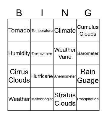 Weather Bingo Card