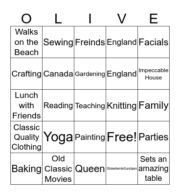 Olive's 90th Birthday Bingo Card