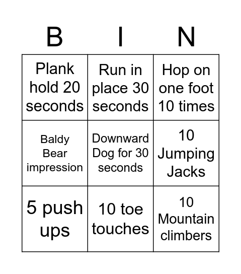 Fitness Bingo Card