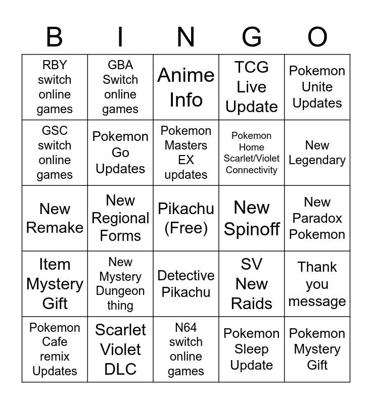 2025 Pokemon Direct Bingo Card