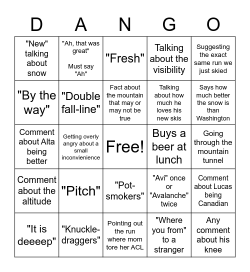 Dan Ski Phrases Bingo Card